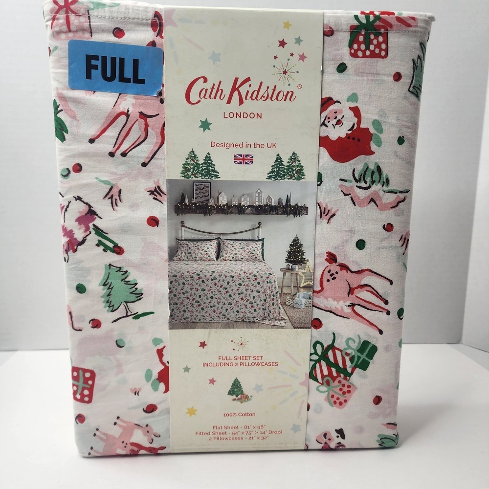 Cath Kidston London FULL Christmas Ditsy Deer Pink Cotton 200 Count Sheet Set